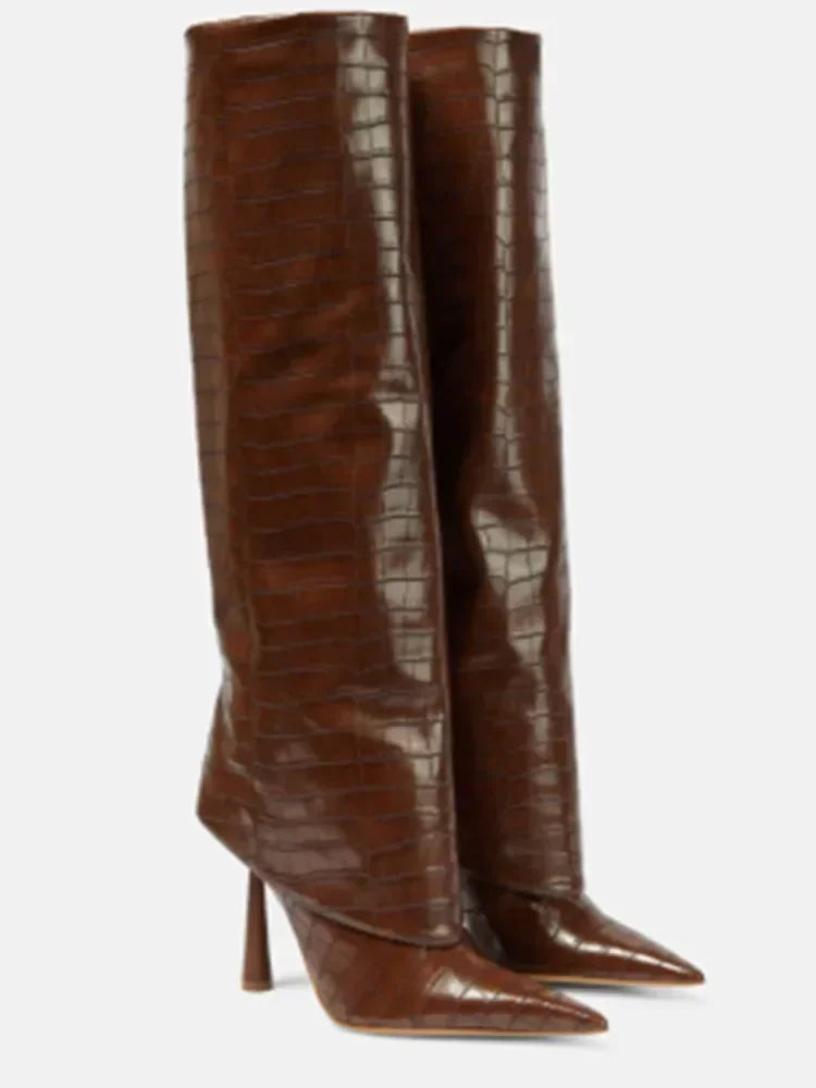 2024 Women's New Knee Length Boots Fashion Pointed Thin High Heel Trouser Sleeve Boots Autumn and Winter Large Size Boots Brown