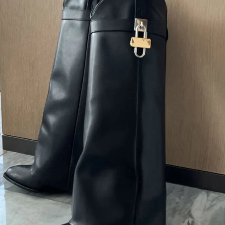 2024 Women's New Over Knee Boots Shark Lock Retro Pattern Thick Sole High Heel Boots Designer Brand Women's Long Leather Boots black pu 2