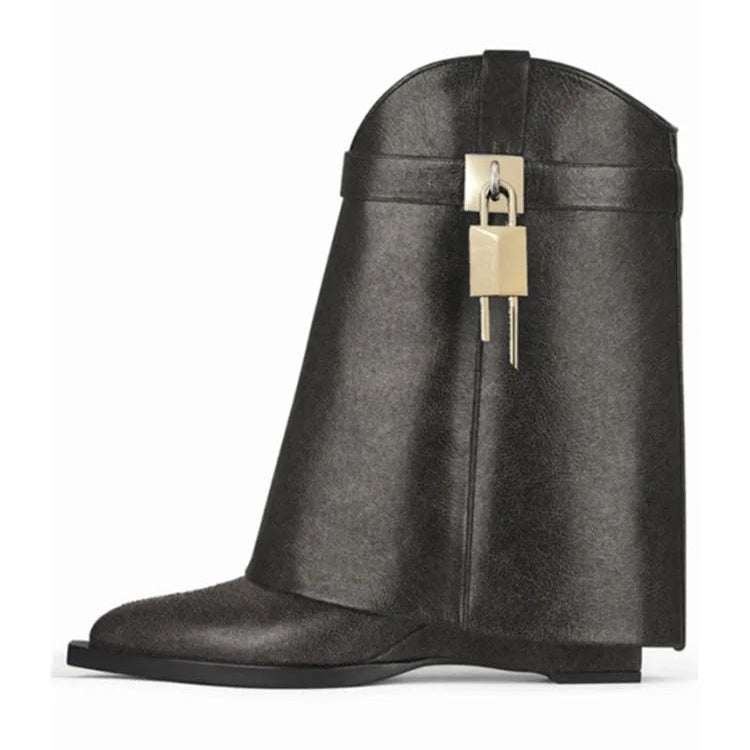 2024 Women's New Over Knee Boots Shark Lock Retro Pattern Thick Sole High Heel Boots Designer Brand Women's Long Leather Boots Black PU 2