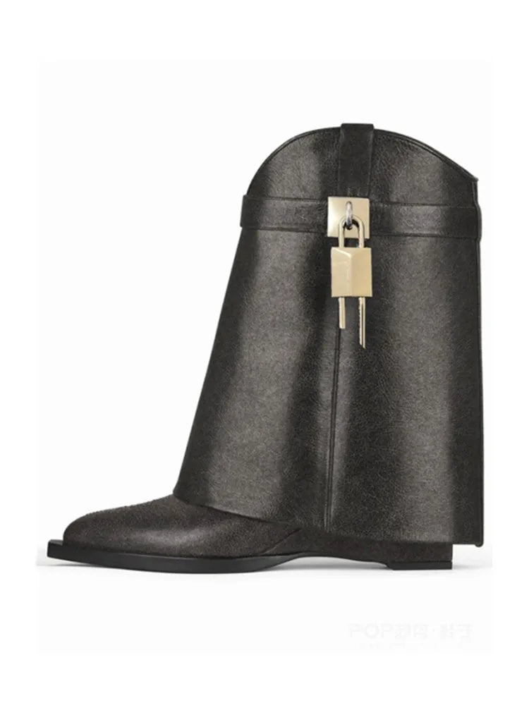 2024 Women's New Over Knee Boots Shark Lock Retro Pattern Thick Sole High Heel Boots Designer Brand Women's Long Leather Boots Black PU 2