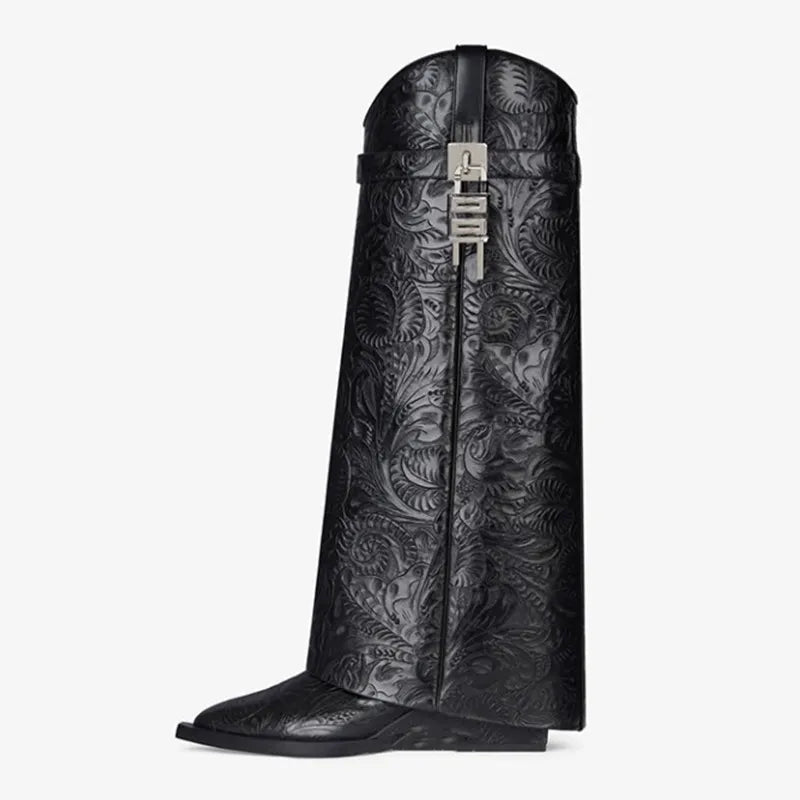 2024 Women's New Over Knee Boots Shark Lock Retro Pattern Thick Sole High Heel Boots Designer Brand Women's Long Leather Boots