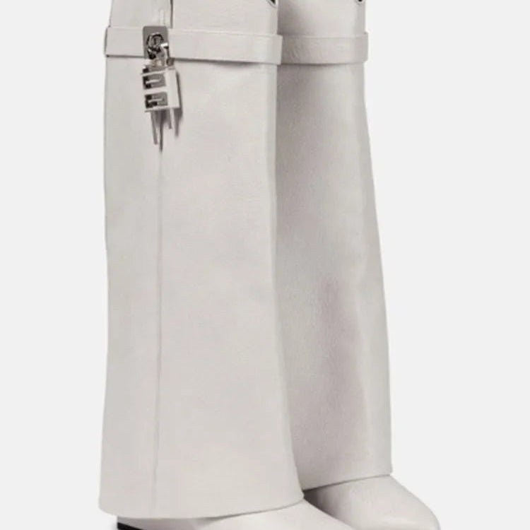 2024 Women's New Over Knee Boots Shark Lock Retro Pattern Thick Sole High Heel Boots Designer Brand Women's Long Leather Boots White cowhide