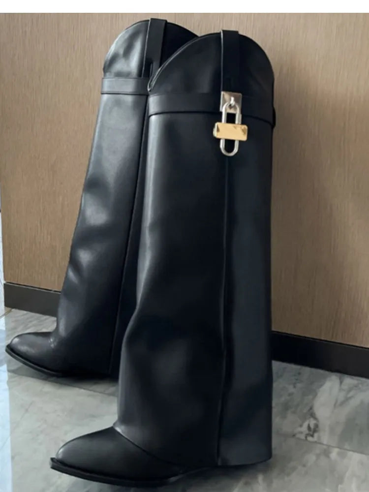 2024 Women's New Over Knee Boots Shark Lock Retro Pattern Thick Sole High Heel Boots Designer Brand Women's Long Leather Boots Black cowhide 2