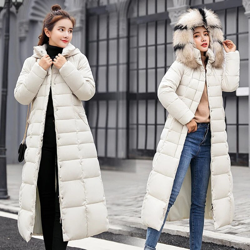 Winter jacket women's warm fashion bow belt fox fur collar coat long dress women's thick coat beige