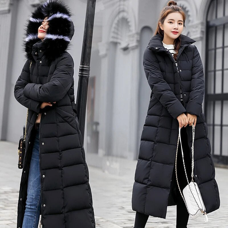 Winter jacket women's warm fashion bow belt fox fur collar coat long dress women's thick coat Black