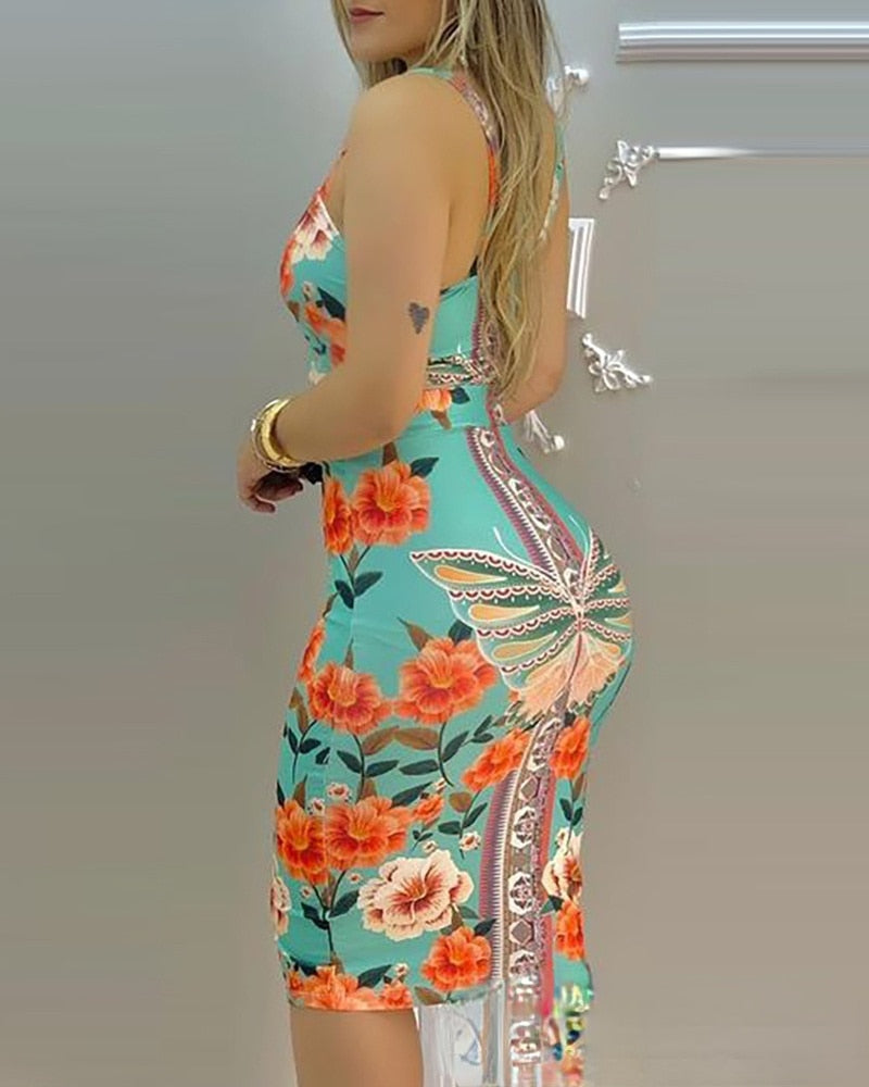 2024 summer women's fashion elegant blue butterfly floral vest printed skirt