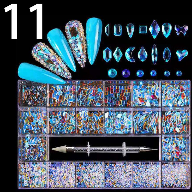 21 Grids Nail Decorations Box Packing AB Gold 3D Non-HotFix FlatBack Nail Art Rhinestones with Dot Pen Set Beauty Stones 11