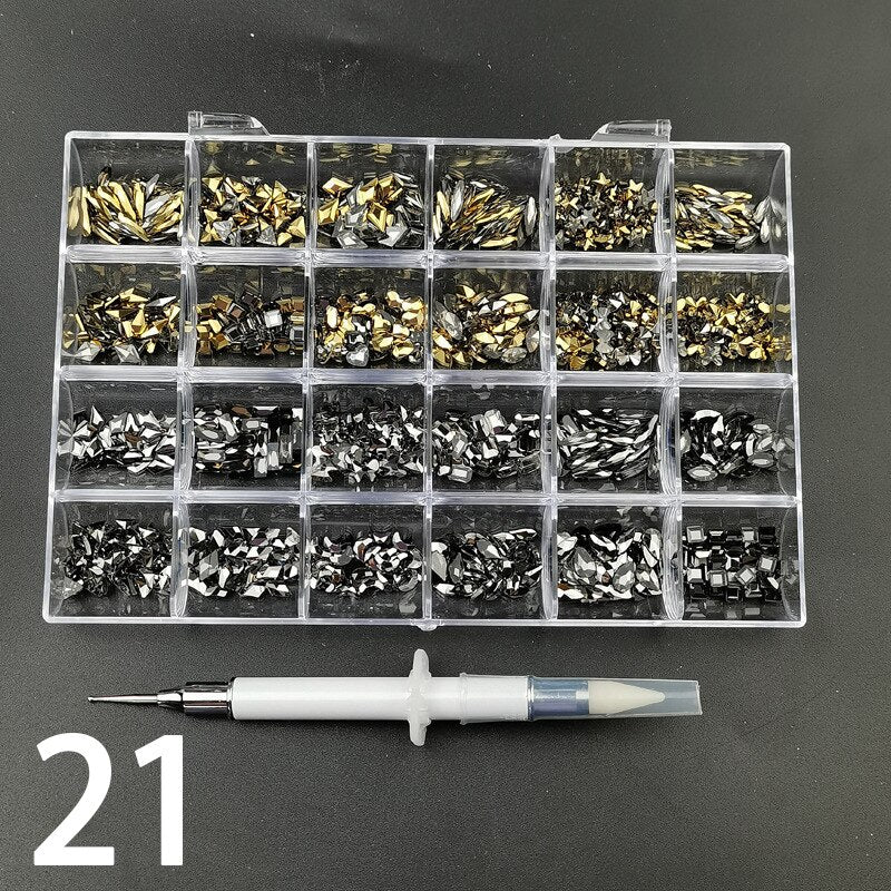 21 Grids Nail Decorations Box Packing AB Gold 3D Non-HotFix FlatBack Nail Art Rhinestones with Dot Pen Set Beauty Stones 21