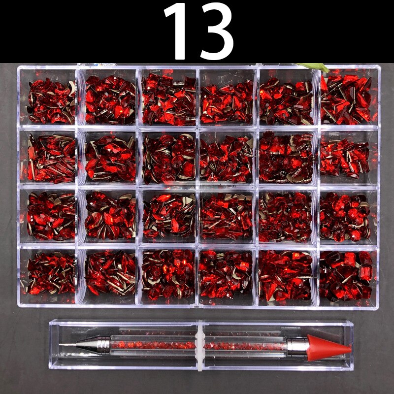 21 Grids Nail Decorations Box Packing AB Gold 3D Non-HotFix FlatBack Nail Art Rhinestones with Dot Pen Set Beauty Stones 13