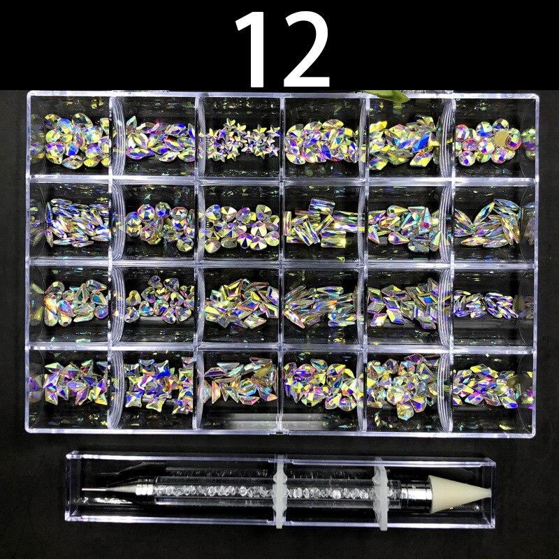 21 Grids Nail Decorations Box Packing AB Gold 3D Non-HotFix FlatBack Nail Art Rhinestones with Dot Pen Set Beauty Stones 12