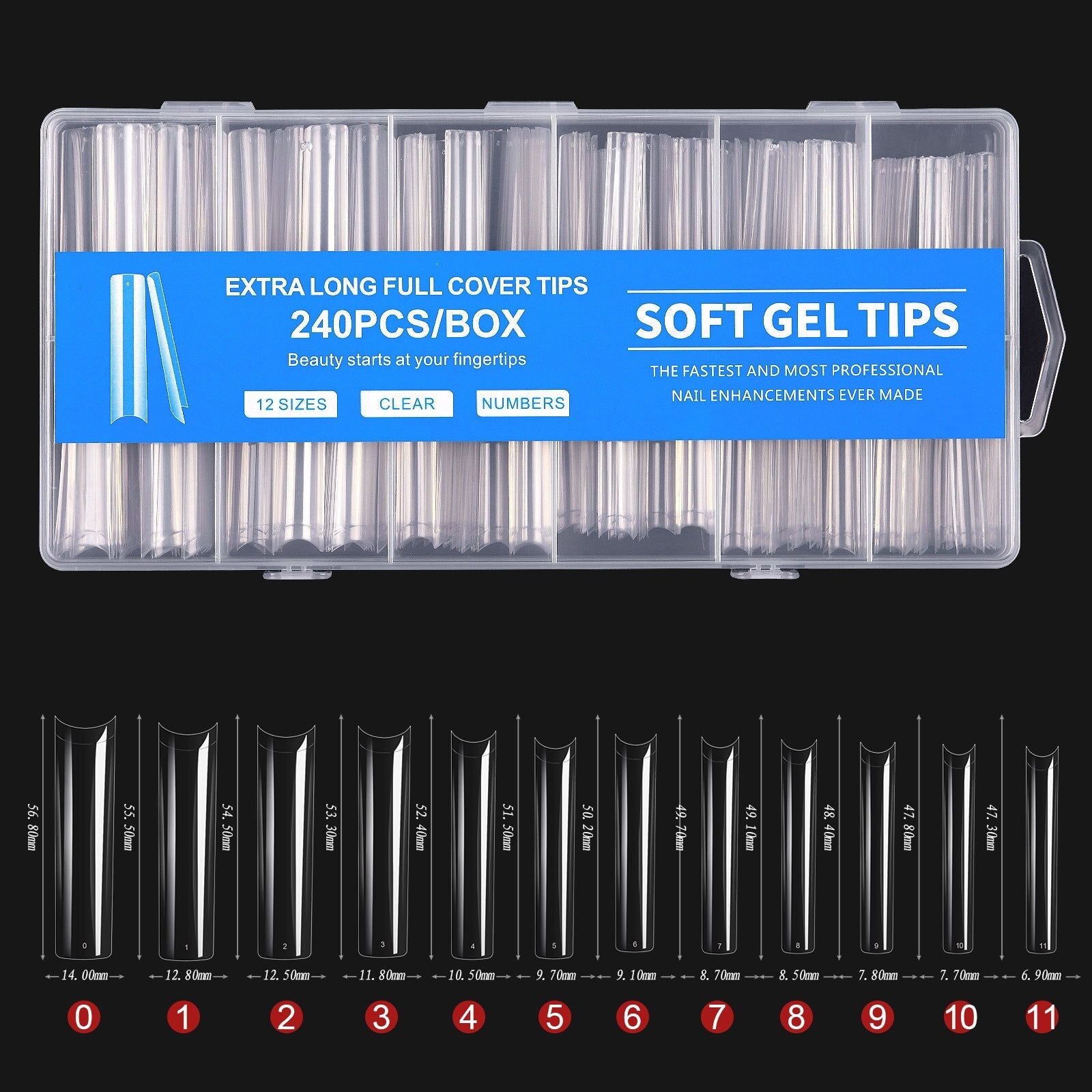 240pcs Long Half Extra False Nail XXXL Full Cover Nail Tips Transparent Press on Acrylic Salon Supply False Nails Nail Art Tool B-Blue