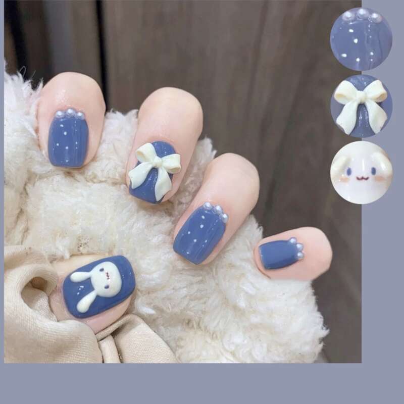24PCS/Box Bowknot Rabbit Pattern Pearl Short Square Designer Fashion Design French Style Full Covering Pressed Fake Nails Z-387- Fake Nails