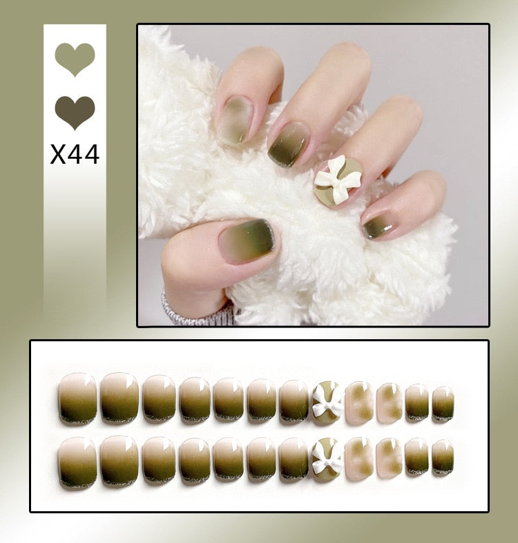 24PCS/Box Bowknot Rabbit Pattern Pearl Short Square Designer Fashion Design French Style Full Covering Pressed Fake Nails X44---Fake Nails