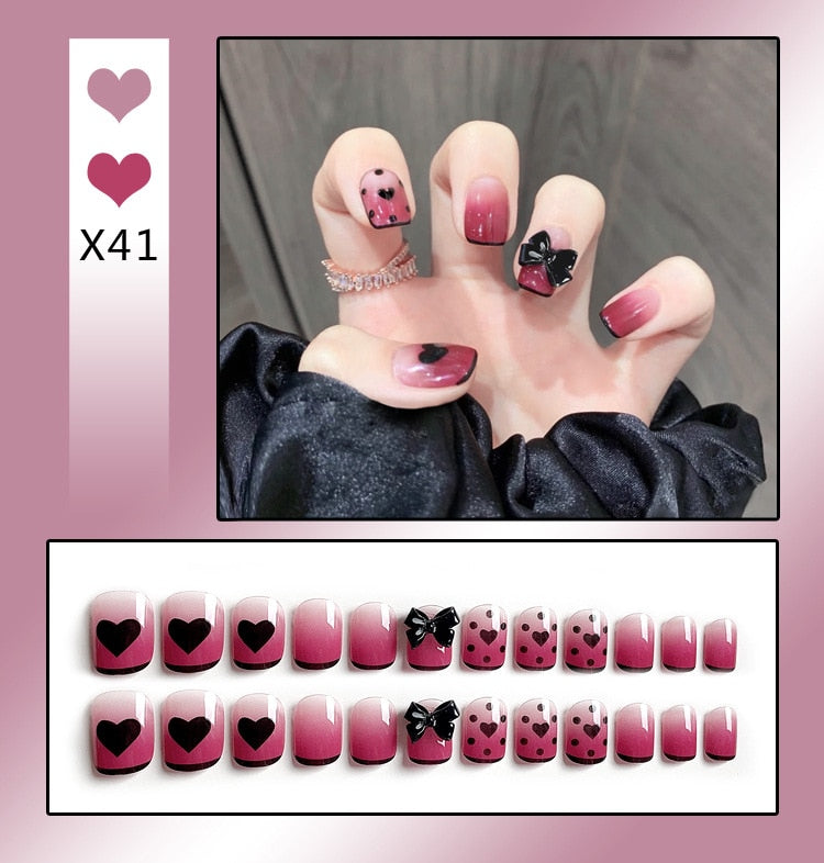 24PCS/Box Bowknot Rabbit Pattern Pearl Short Square Designer Fashion Design French Style Full Covering Pressed Fake Nails X41---Fake Nails