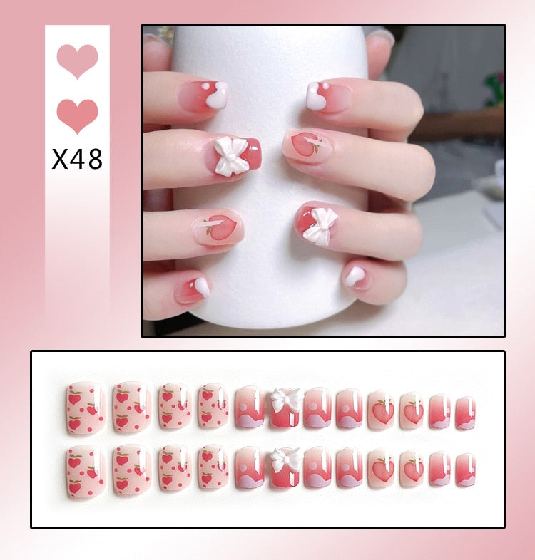 24PCS/Box Bowknot Rabbit Pattern Pearl Short Square Designer Fashion Design French Style Full Covering Pressed Fake Nails X48--Fake Nails