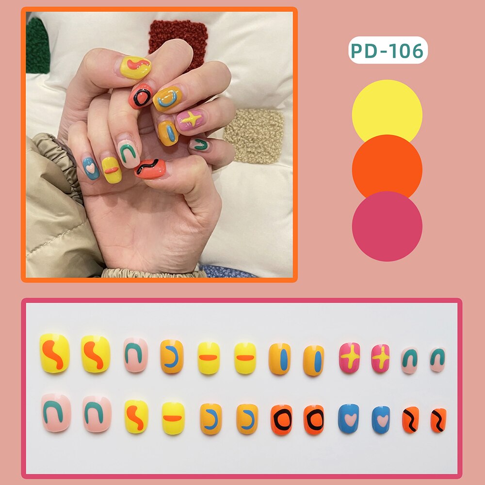 24PCS Fake Nail Patch Cute Short Cow Butterfly Printed False Nail Full Finished for Girl Nail Art Tips Press On Nail Wearable 711355