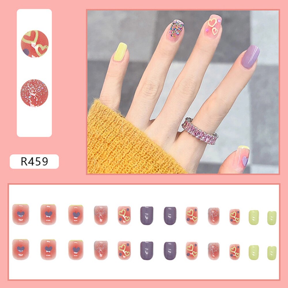 24PCS Fake Nail Patch Cute Short Cow Butterfly Printed False Nail Full Finished for Girl Nail Art Tips Press On Nail Wearable 397929