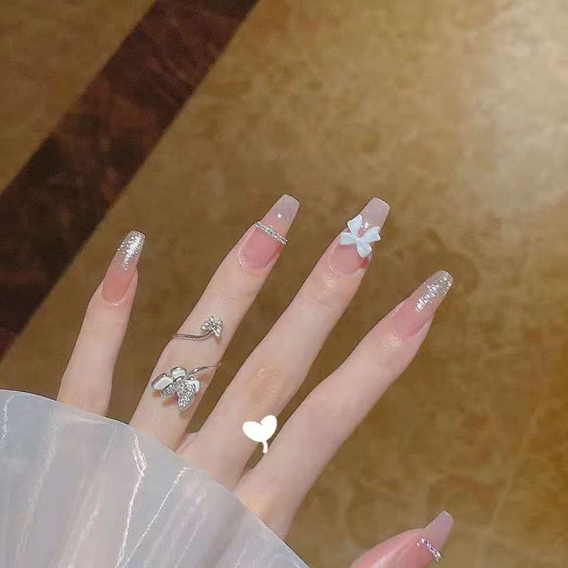 24PCS Glitter Press On Nails Korean Style Heart Rhinestone Design Coffin Fake Nails Full Cover Acrylic Nails Tips for girls Gift B15