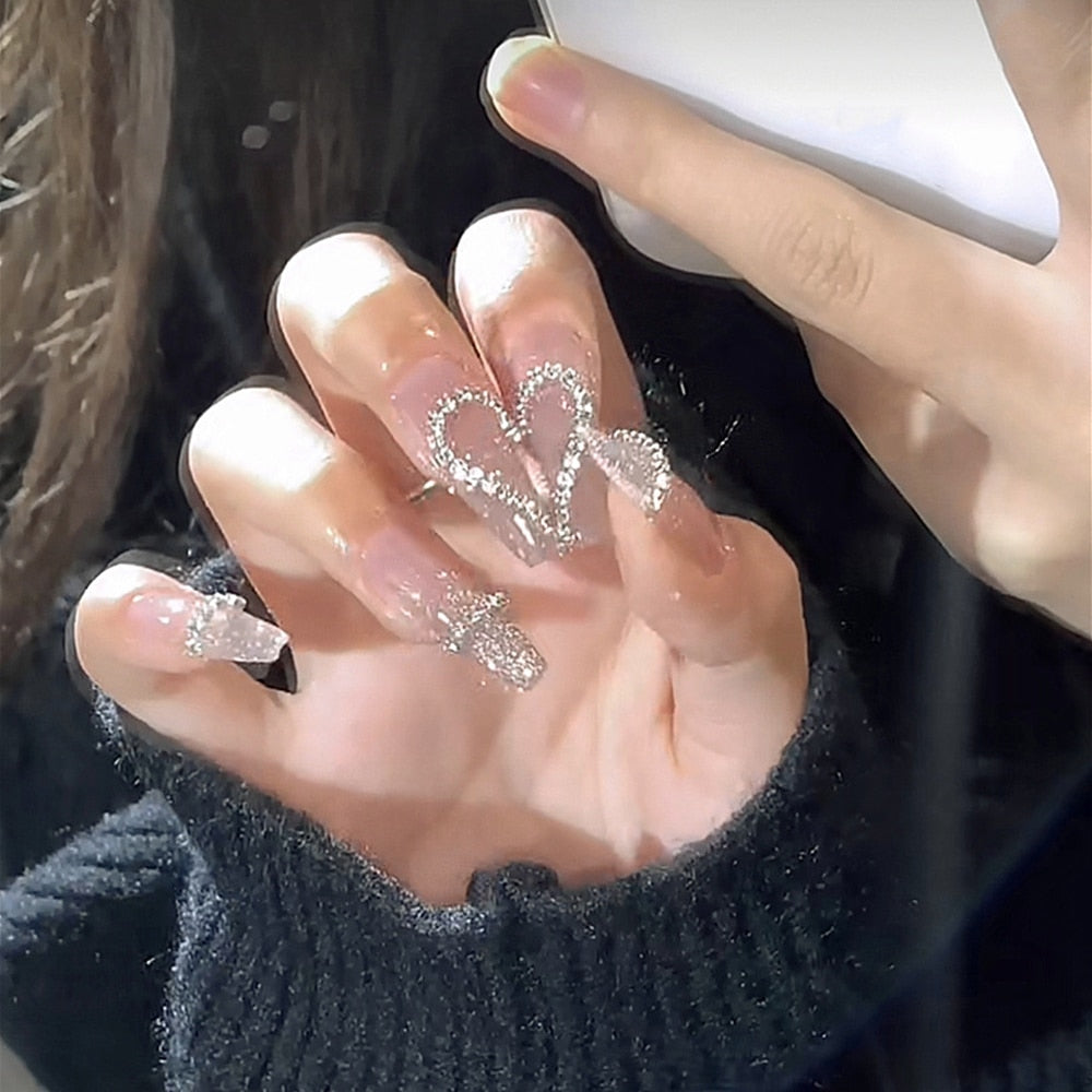 24PCS Glitter Press On Nails Korean Style Heart Rhinestone Design Coffin Fake Nails Full Cover Acrylic Nails Tips for girls Gift B21