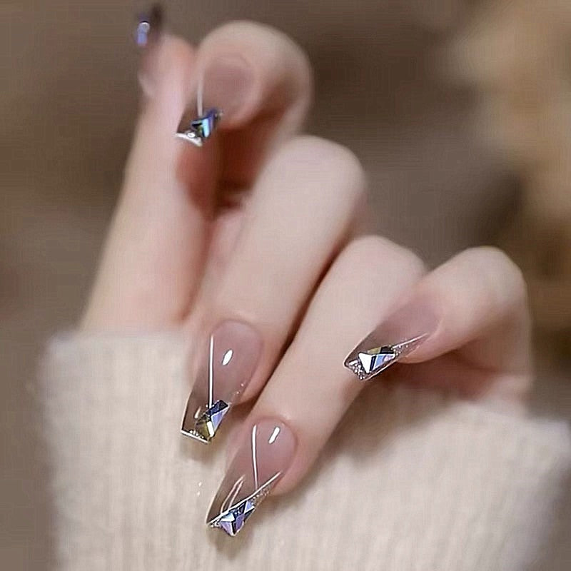 24PCS Glitter Press On Nails Korean Style Heart Rhinestone Design Coffin Fake Nails Full Cover Acrylic Nails Tips for girls Gift B28