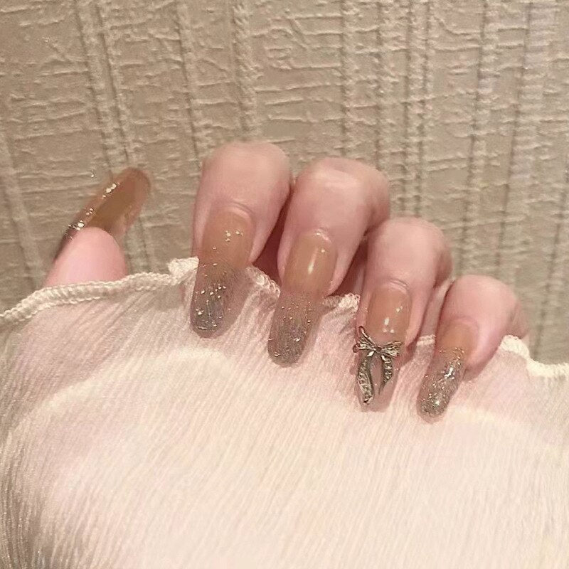 24PCS Glitter Press On Nails Korean Style Heart Rhinestone Design Coffin Fake Nails Full Cover Acrylic Nails Tips for girls Gift B27