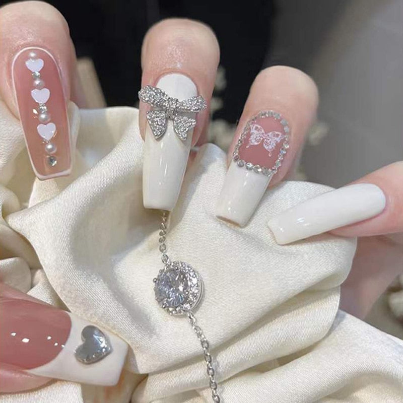 24PCS Glitter Press On Nails Korean Style Heart Rhinestone Design Coffin Fake Nails Full Cover Acrylic Nails Tips for girls Gift B22