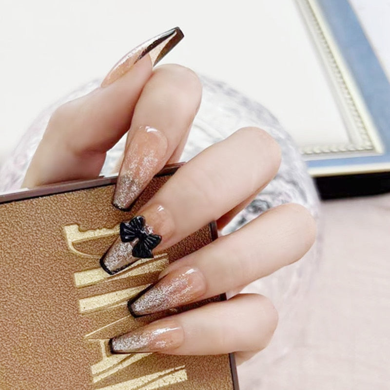 24PCS Glitter Press On Nails Korean Style Heart Rhinestone Design Coffin Fake Nails Full Cover Acrylic Nails Tips for girls Gift B23