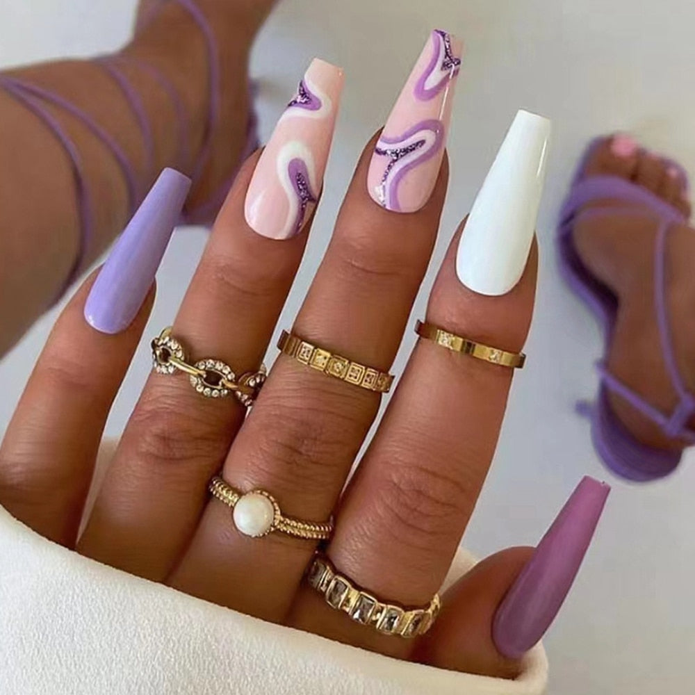 24Pc Detachable Long Coffin Fake Nail Pink White Wave Lines False Nails French Ballerina Artificial Full Cover Press On Nail Tip 9