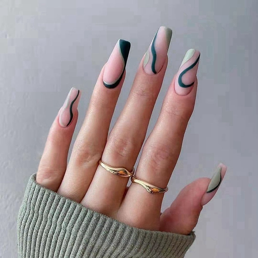 24Pc Detachable Long Coffin Fake Nail Pink White Wave Lines False Nails French Ballerina Artificial Full Cover Press On Nail Tip 12
