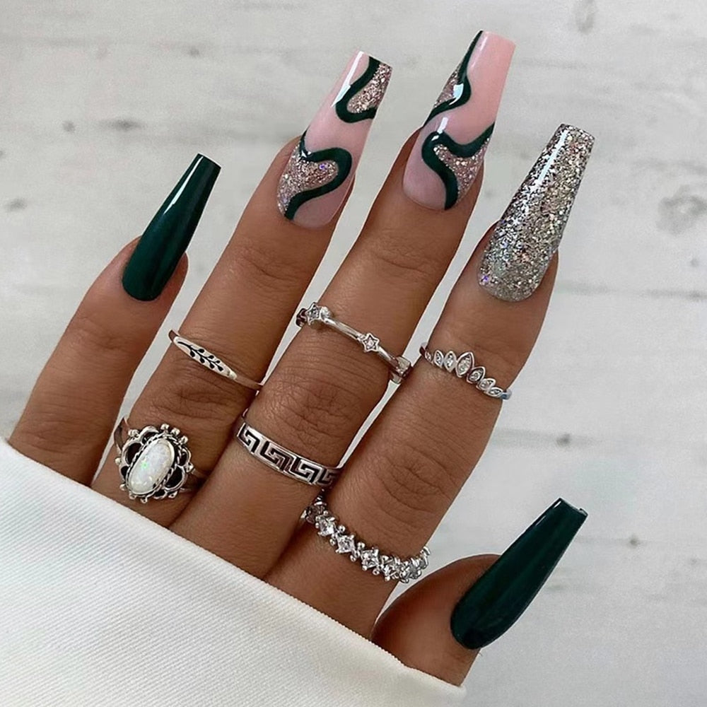24Pc Detachable Long Coffin Fake Nail Pink White Wave Lines False Nails French Ballerina Artificial Full Cover Press On Nail Tip 4