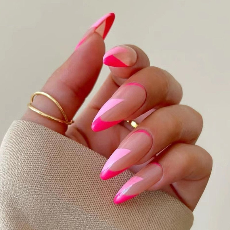 24Pcs Almond False Nails Pointed Head Wearable Fake Nails Pink Leopard Print Design Stiletto Press on Nails Full Cover Nail Tips