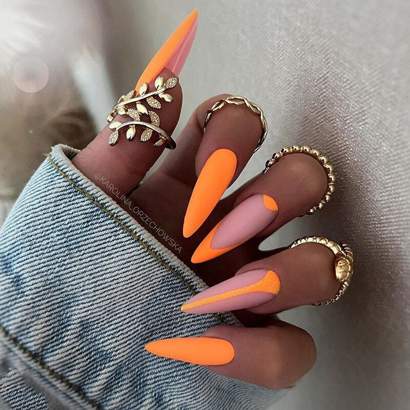 24Pcs Almond False Nails Pointed Head Wearable Fake Nails Pink Leopard Print Design Stiletto Press on Nails Full Cover Nail Tips 224