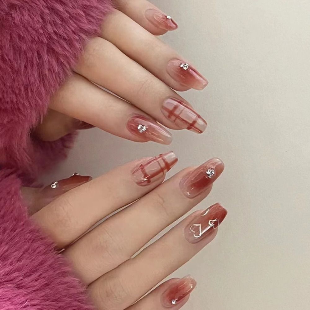 24Pcs Ballet French Coffin False Nails With Flowers Diamonds Designs Press On Fake Nails Detachable Acrylic Manicure Tips AA2