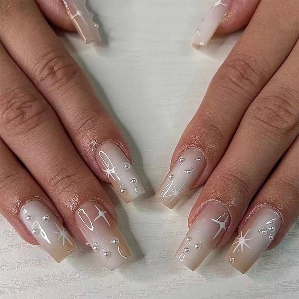 24Pcs Ballet French Coffin False Nails With Flowers Diamonds Designs Press On Fake Nails Detachable Acrylic Manicure Tips AA9