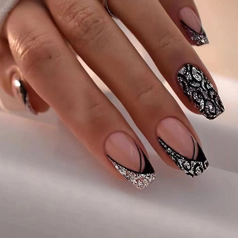 24Pcs Ballet French Coffin False Nails With Flowers Diamonds Designs Press On Fake Nails Detachable Acrylic Manicure Tips AA5