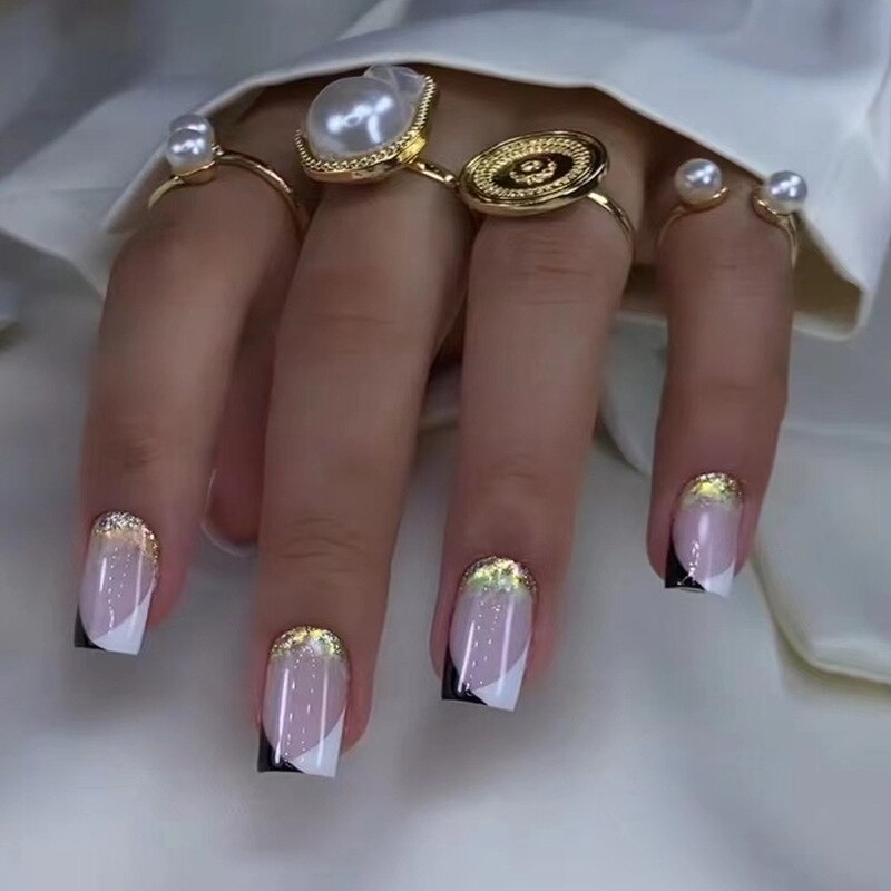 24Pcs Ballet French Coffin False Nails With Flowers Diamonds Designs Press On Fake Nails Detachable Acrylic Manicure Tips AA3