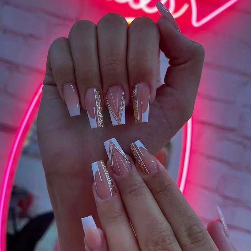 24Pcs Ballet French Coffin False Nails With Flowers Diamonds Designs Press On Fake Nails Detachable Acrylic Manicure Tips BB7