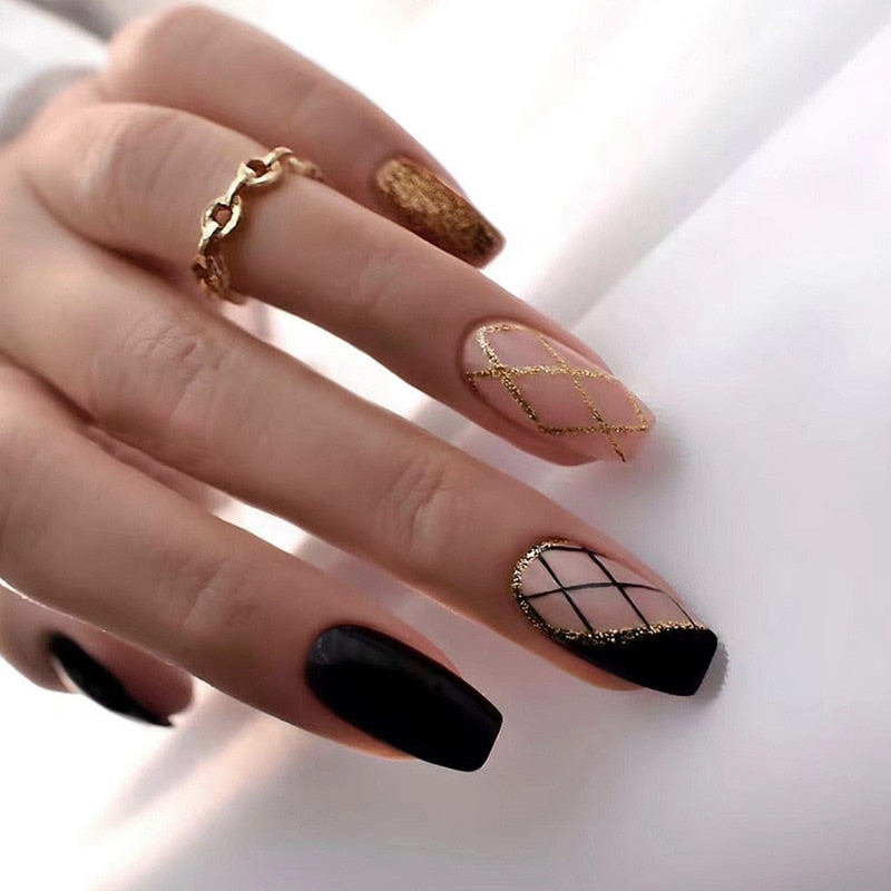 24Pcs Ballet French Coffin False Nails With Flowers Diamonds Designs Press On Fake Nails Detachable Acrylic Manicure Tips BB6
