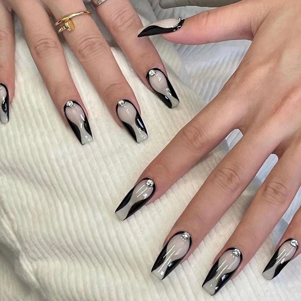 24Pcs Ballet French Coffin False Nails With Flowers Diamonds Designs Press On Fake Nails Detachable Acrylic Manicure Tips