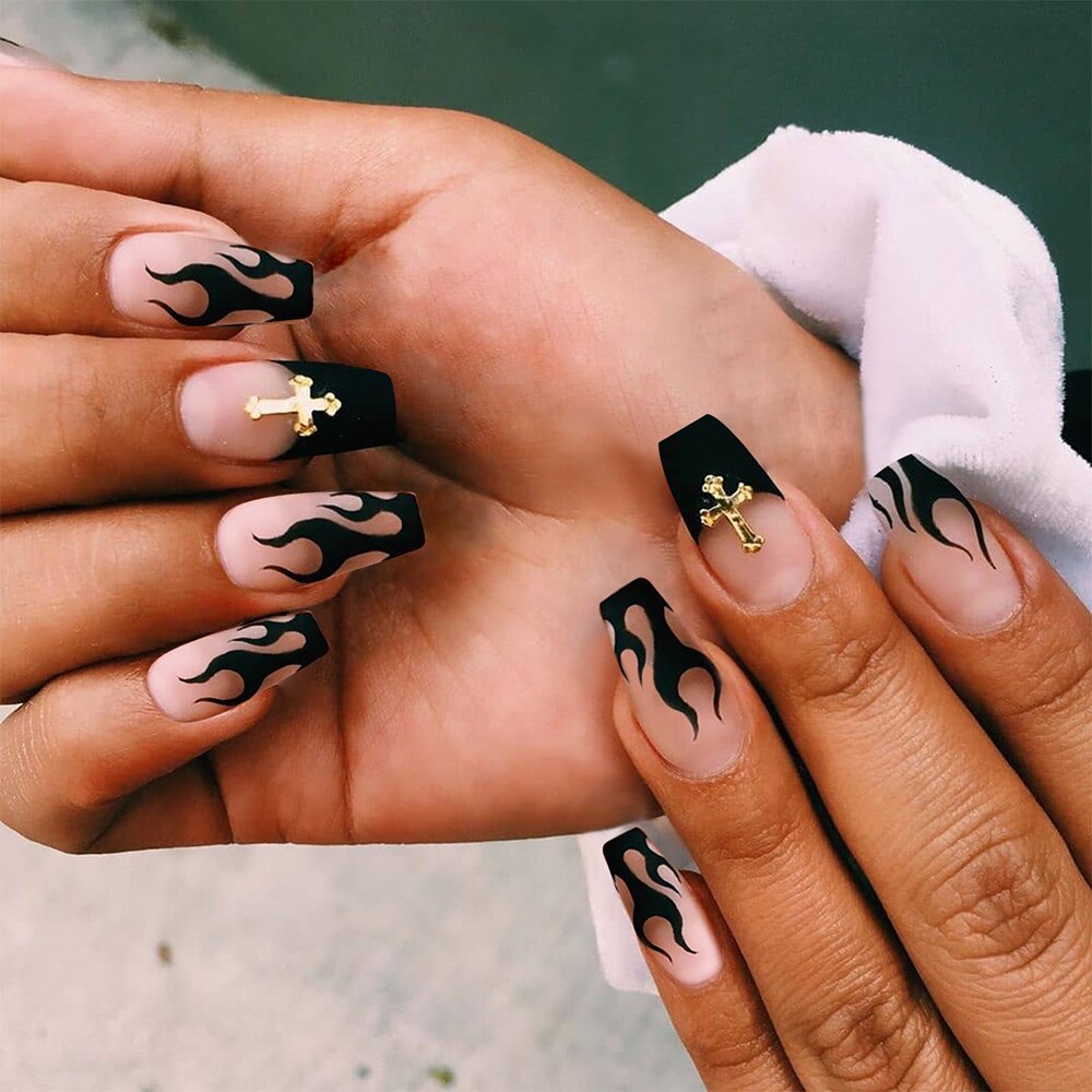 24Pcs Ballet French Coffin False Nails With Flowers Diamonds Designs Press On Fake Nails Detachable Acrylic Manicure Tips BB4
