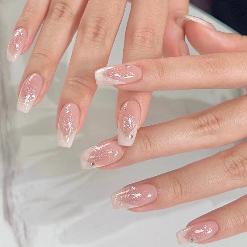 24Pcs Ballet French Coffin False Nails With Flowers Diamonds Designs Press On Fake Nails Detachable Acrylic Manicure Tips AA7