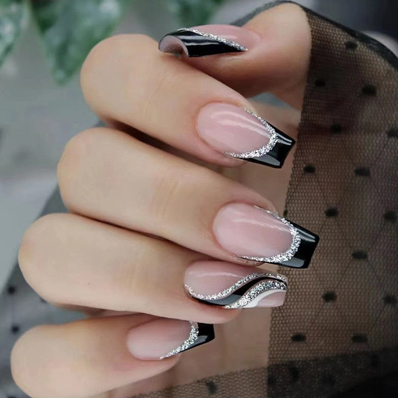 24Pcs Ballet French Coffin False Nails With Flowers Diamonds Designs Press On Fake Nails Detachable Acrylic Manicure Tips BB5