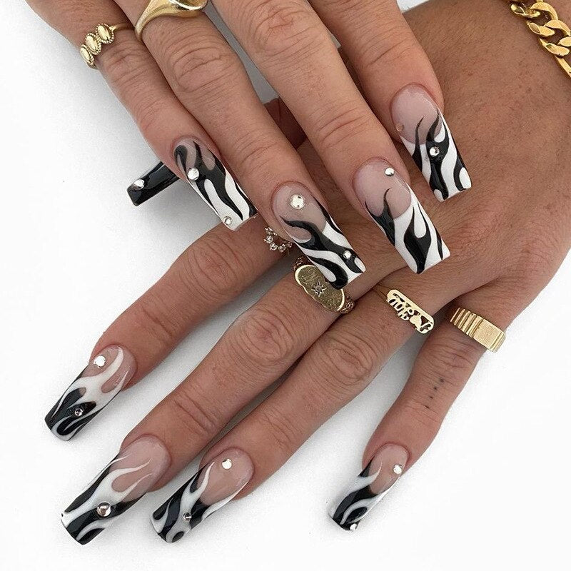 24Pcs Black French Coffin False Nails Ballet Fake Nail with Cross Design Removable Full Finished Acrylic Nail Tip Press on Nails 1516