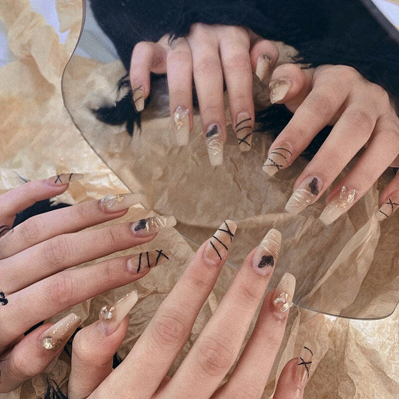 24Pcs Black French Coffin False Nails Ballet Fake Nail with Cross Design Removable Full Finished Acrylic Nail Tip Press on Nails