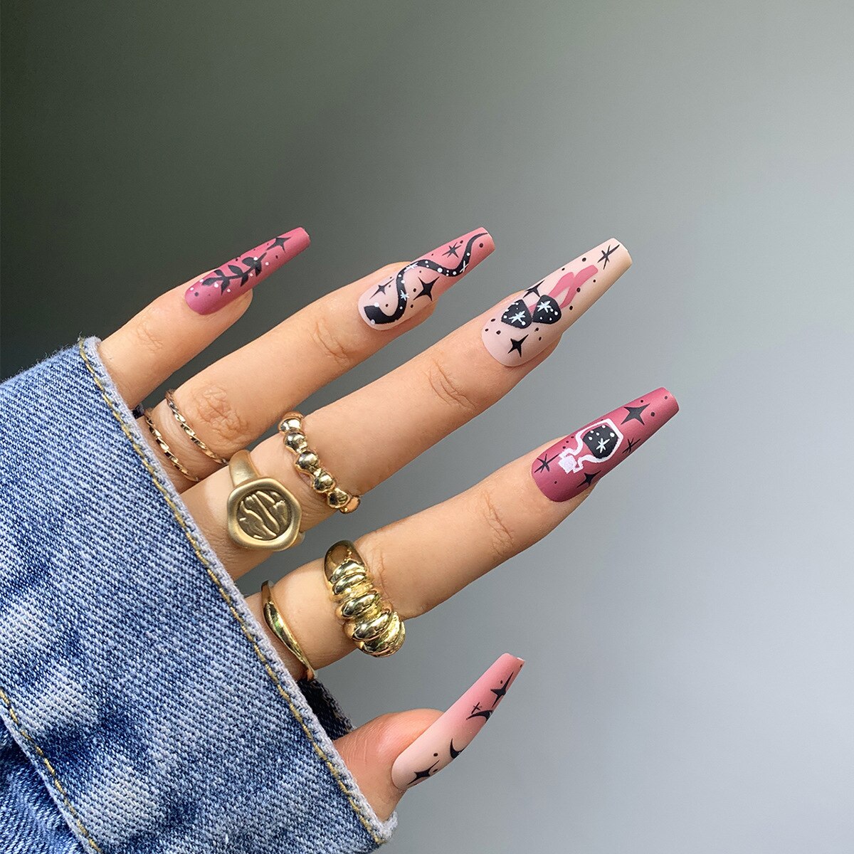 24Pcs Black French Coffin False Nails Ballet Fake Nail with Cross Design Removable Full Finished Acrylic Nail Tip Press on Nails 1405