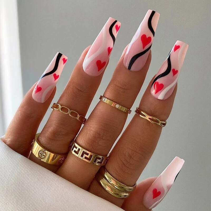 24Pcs Black French Coffin False Nails Ballet Fake Nail with Cross Design Removable Full Finished Acrylic Nail Tip Press on Nails 1759