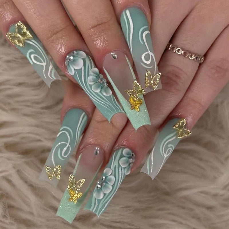 24Pcs Blue Long Coffin Ballet False Nails with Butterfly Rhinestones French Design Fake Nails Full Press on Nail Ins Nail Tips 716