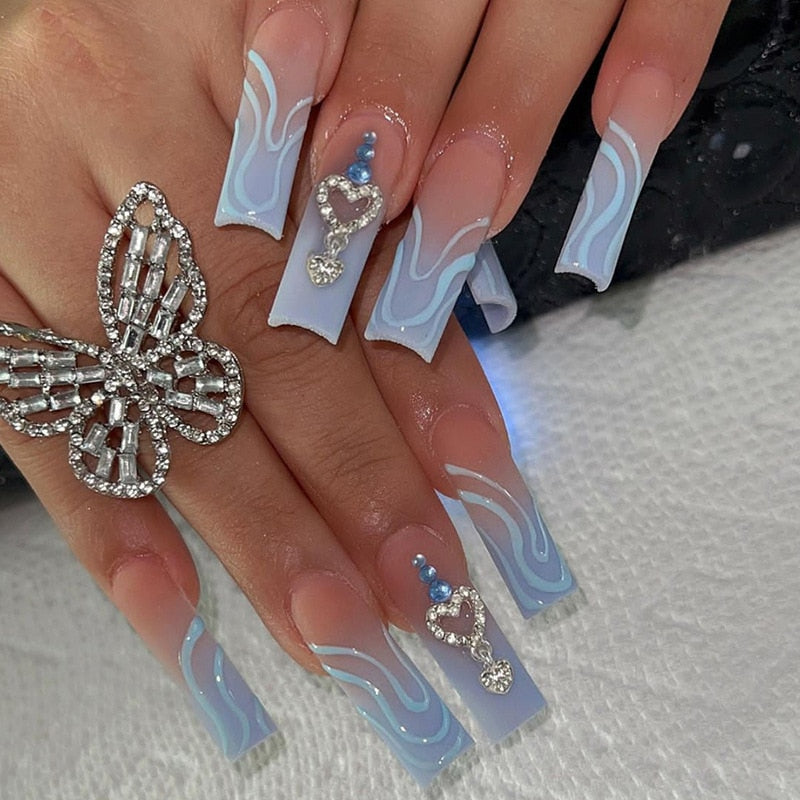 24Pcs Blue Long Coffin Ballet False Nails with Butterfly Rhinestones French Design Fake Nails Full Press on Nail Ins Nail Tips 609