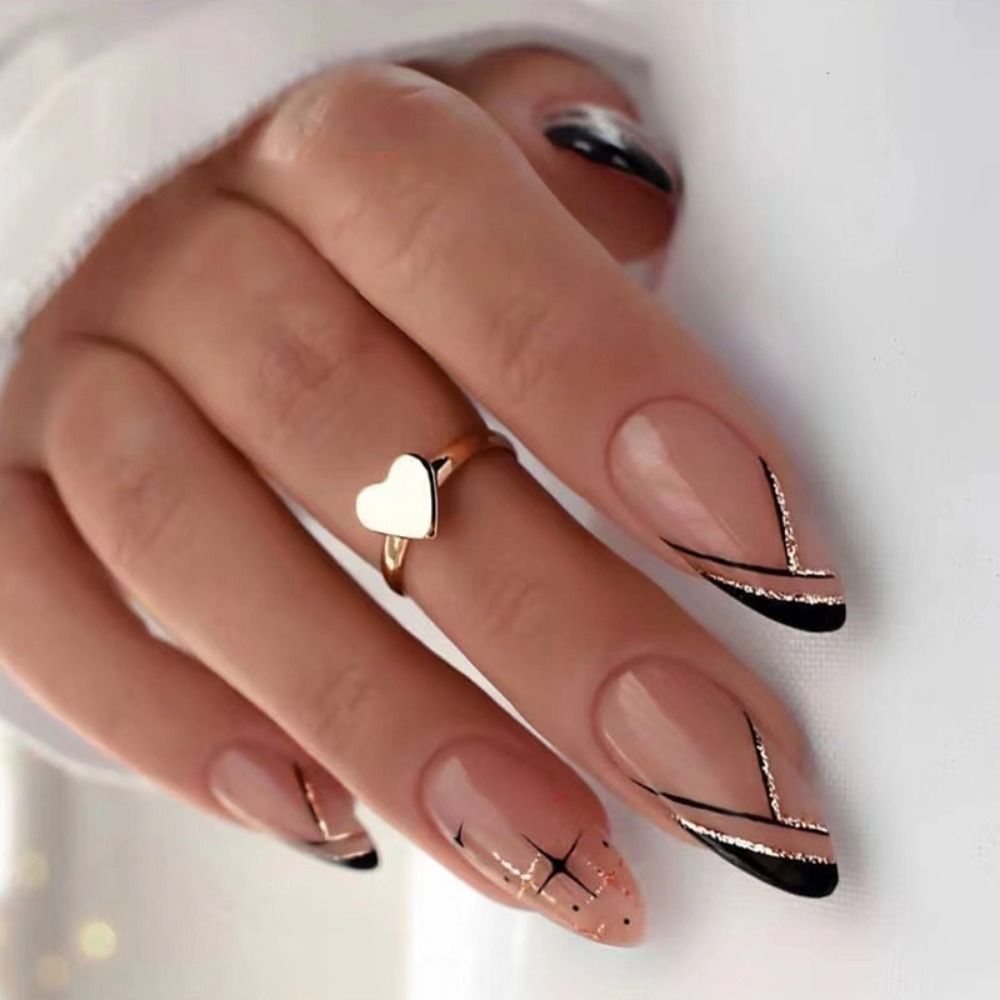 24Pcs/Box Almond Round Wavy False Nails Detachable Stiletto Fake Nails Full Cover French Ballerina Nail Tips Press On Nails F1
