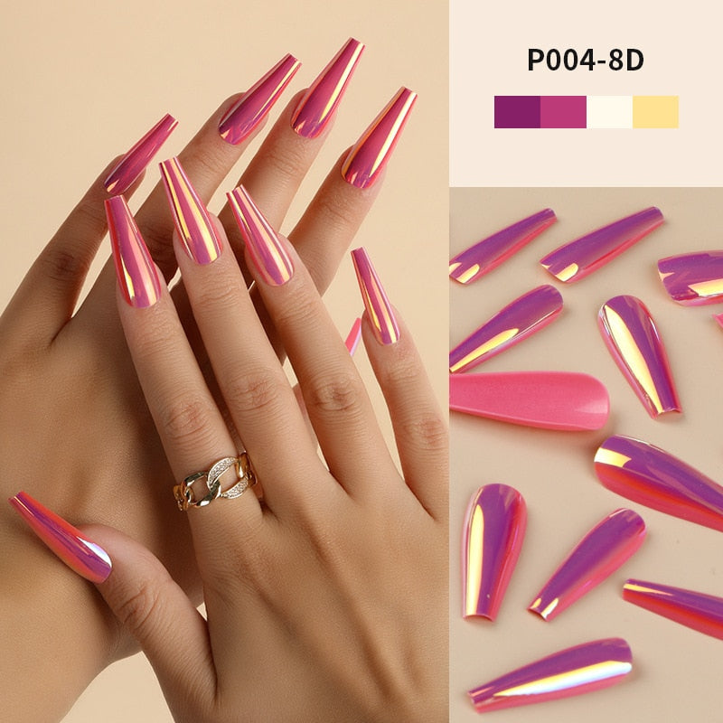 24Pcs/Box Ballerina Press on Nails Tips False Nail Art Full Cover Detachable Artificial Fake Nails Metal Mirror Powder Design 8